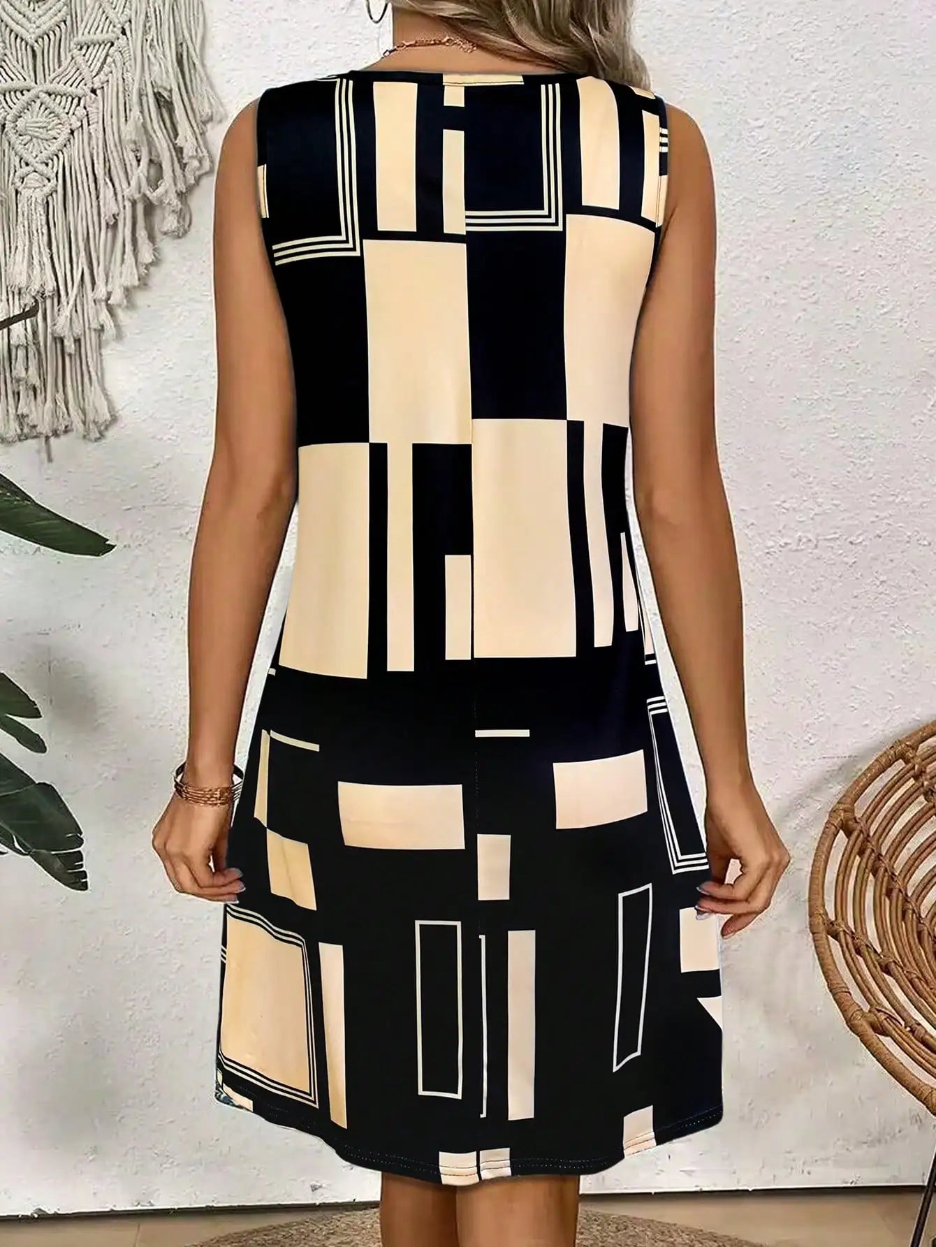 Geometric Pattern Sleeveless Dress For Women‘s Summer Clothe