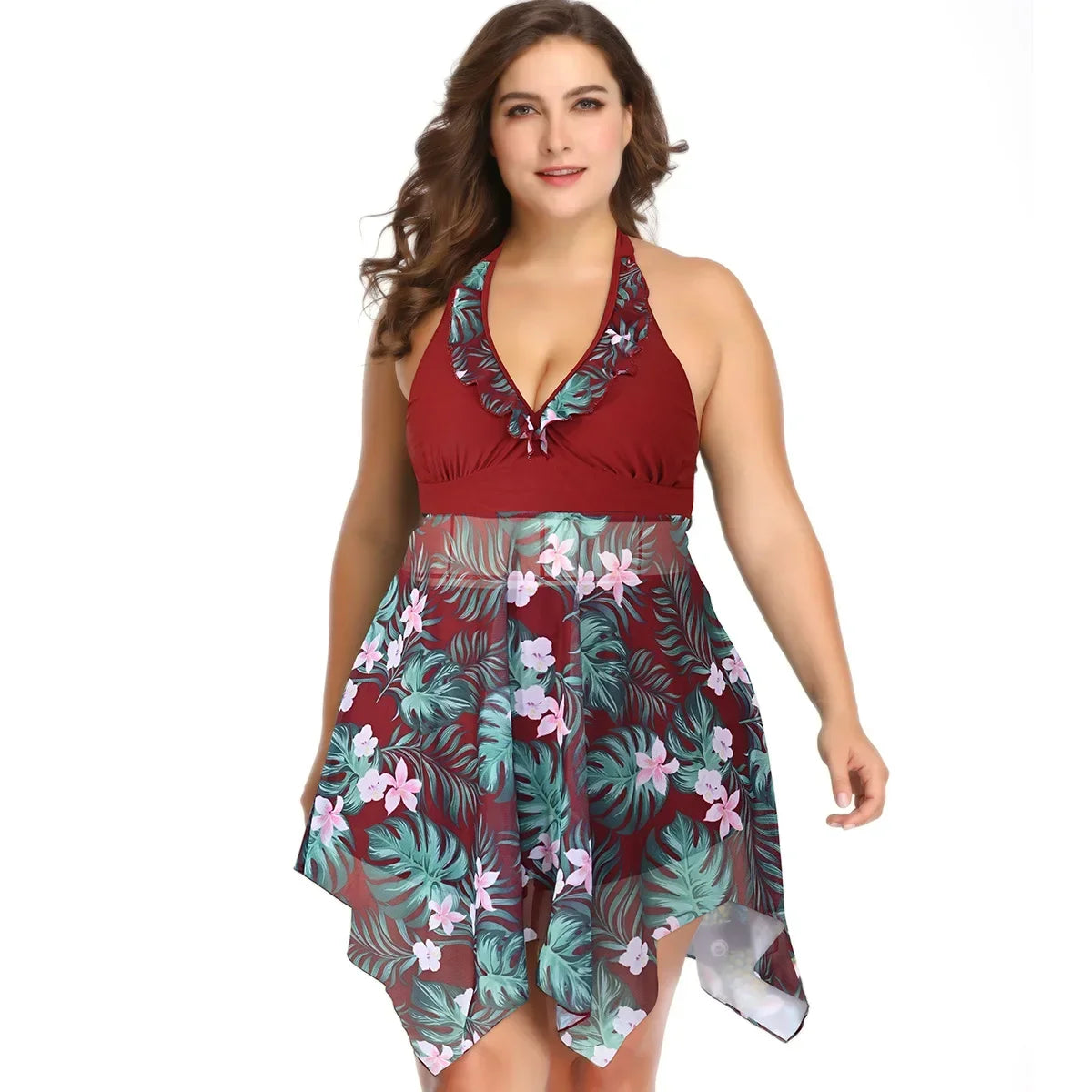 Plus Size Swimsuit Female Split Lace Print Slim Fit Bag Hip Sexy Skirt