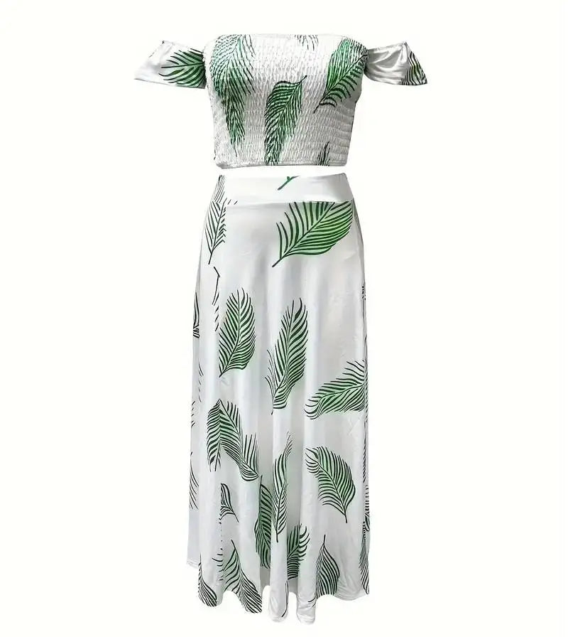 Bohemian Two-piece Set Women's Off-shoulder Elastic Solid Color Vest With feather Print High Waist Slit Skirt Set