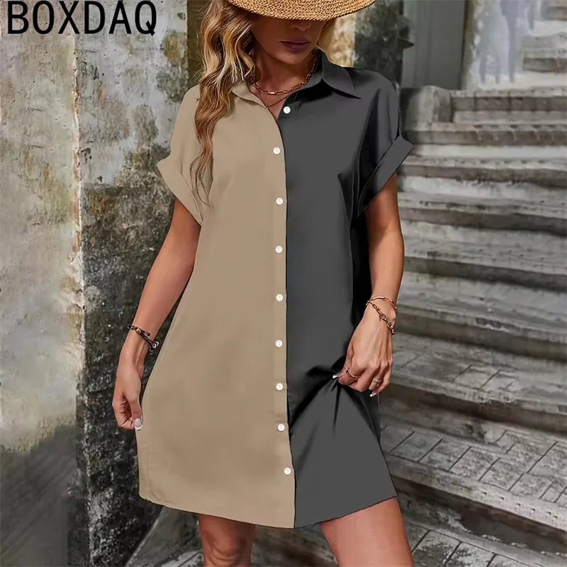 Two Tone Spliced Shirt for Summer Evening  Casual Dress