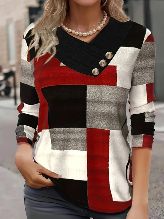 fashion plaid print V-neck button plus size women's long sleeve t-shirt