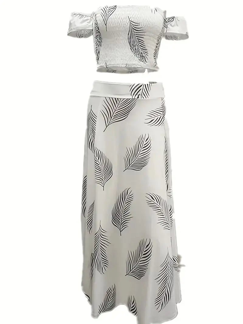 Bohemian Two-piece Set Women's Off-shoulder Elastic Solid Color Vest With feather Print High Waist Slit Skirt Set