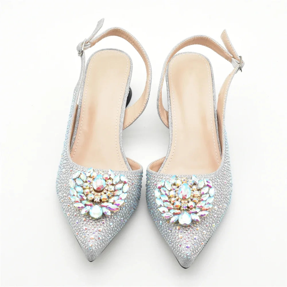 Luxury Designer Silver Italian Matching Shoes and Bag Set