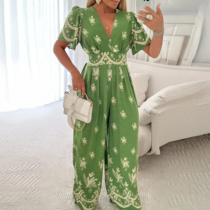 Vintage V Neck Long Pants Bohemian Printed High Waisted Loose Jumpsuit