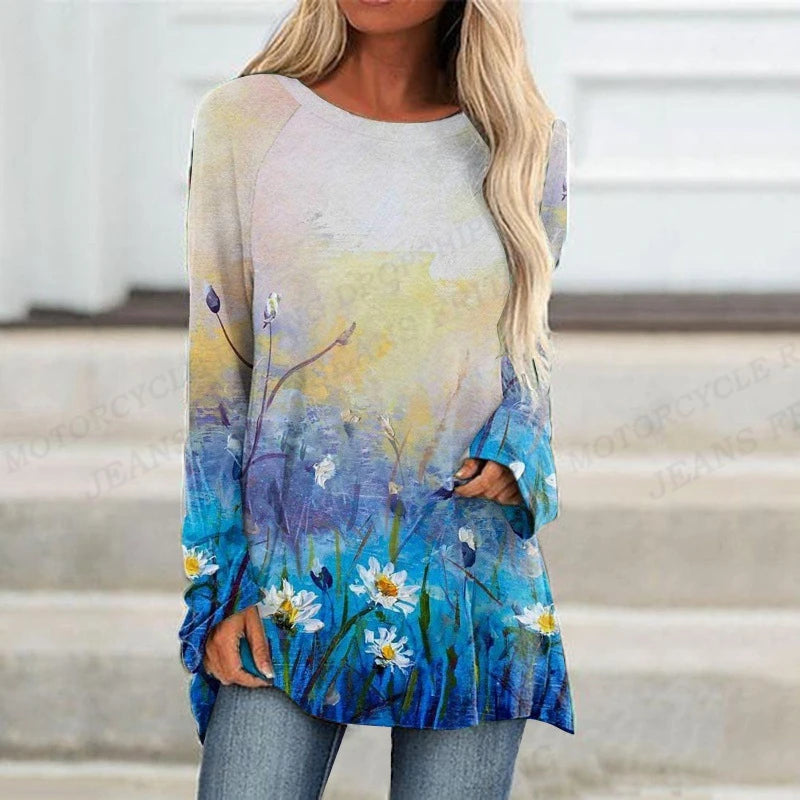 Plant Flowers T Shirt Long Sleeve Butterfly Tops