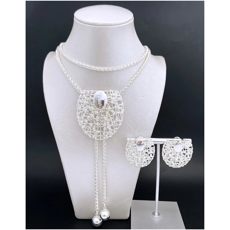 18K Gold Plated Necklace And Earrings Set 85cm Long Chain Jewelry Adjustable Length 3pcs