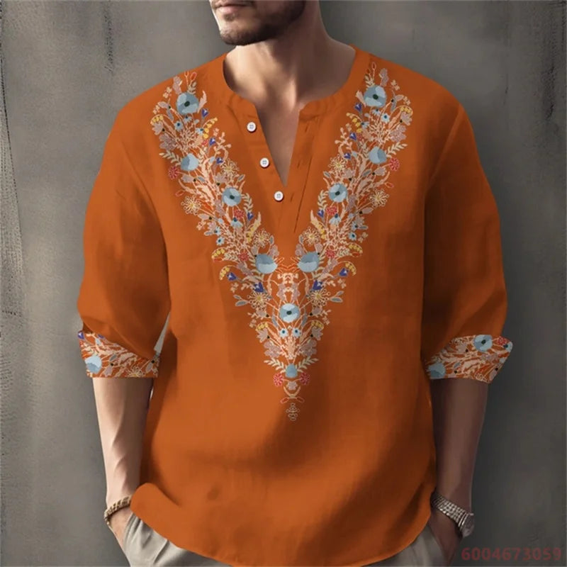 Long sleeved shirt for summer vacation, a color-blocked geometric print and Henley collar