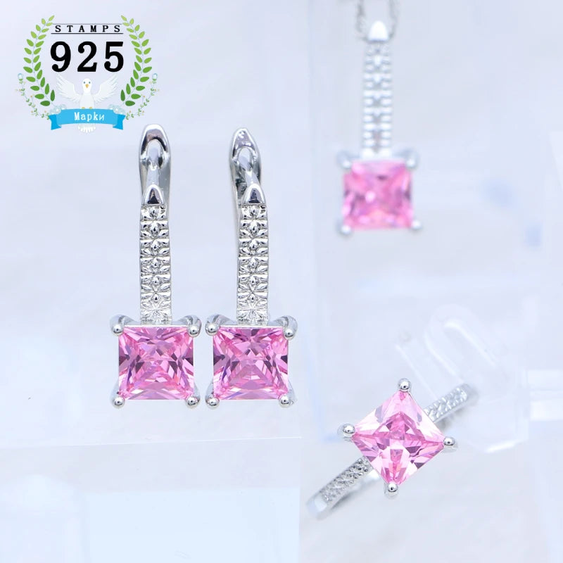 Woman Earrings Ring Pendant Necklace silver Jewelry Square Garnet Red Stone 3Set