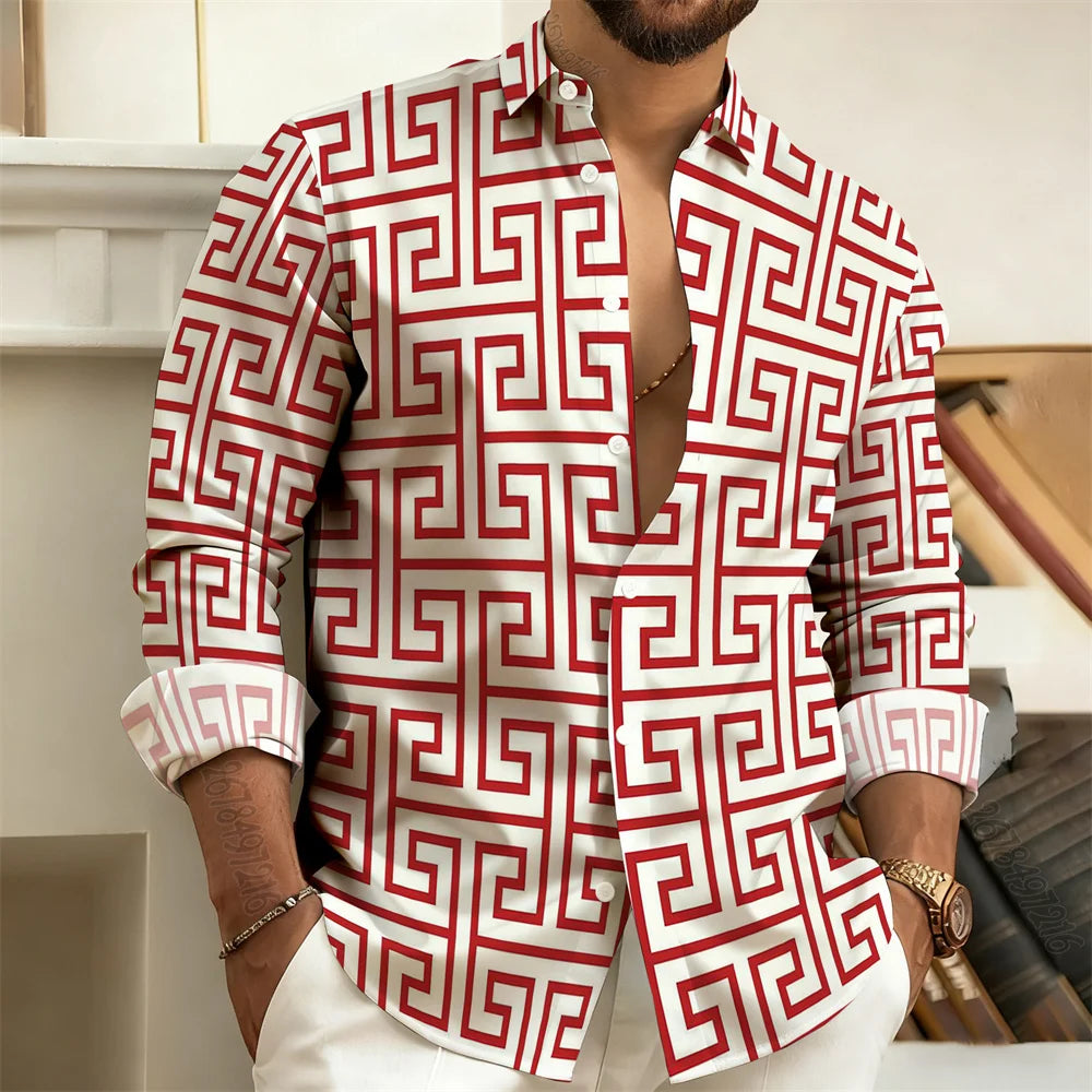 Long-Sleeved Polo Shirt, Vintage Print Style with Greek Key Pattern