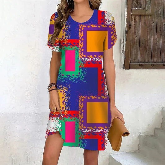 Summer women's short sleeve dress geometric pattern Vintage Print