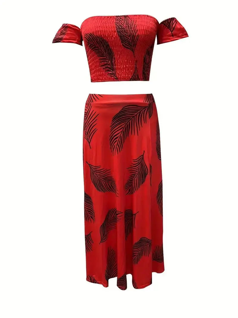 Bohemian Two-piece Set Women's Off-shoulder Elastic Solid Color Vest With feather Print High Waist Slit Skirt Set
