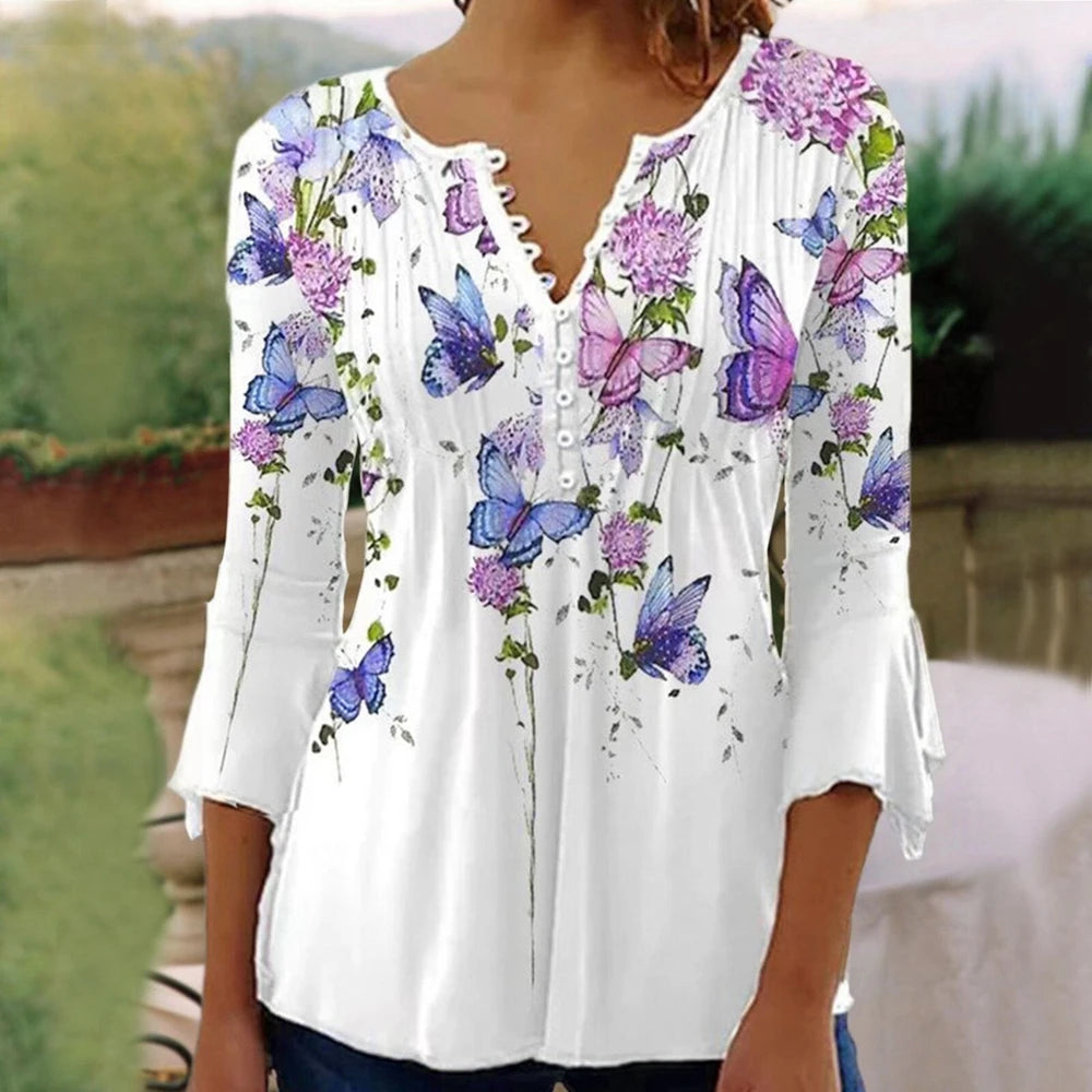 Summer Street Fashion Button-Down Comfortable Seven-Quarter Sleeve Top
