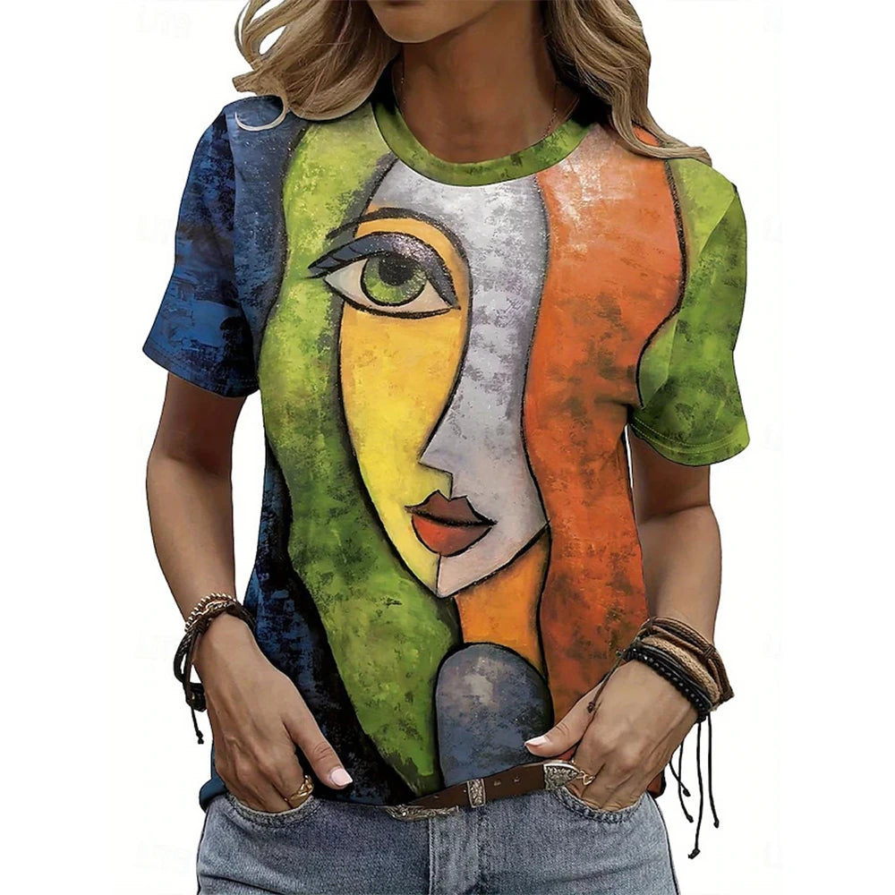 Short Sleeve T-Shirts 3d Flower Print Round Neck