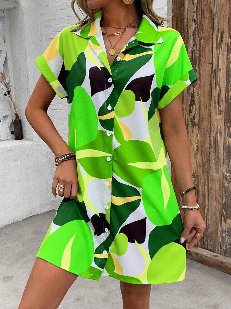 Ladies Short-sleeve Trend Single-breasted Elegant  Dress