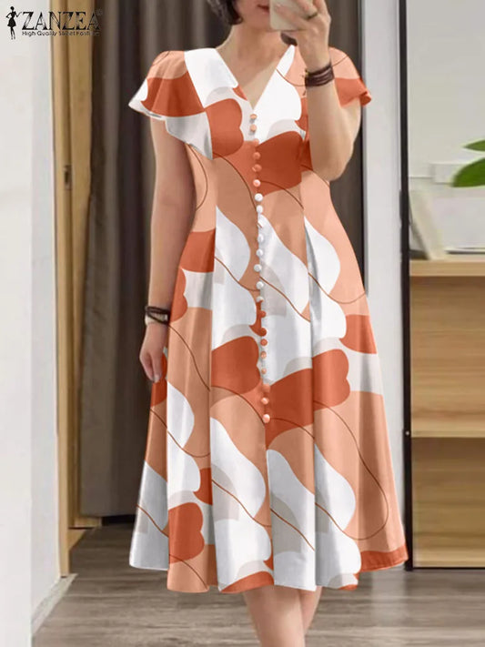 Short Sleeve V-Neck Robe Casual Holiday Sun dress Elegant Fitted Wiast