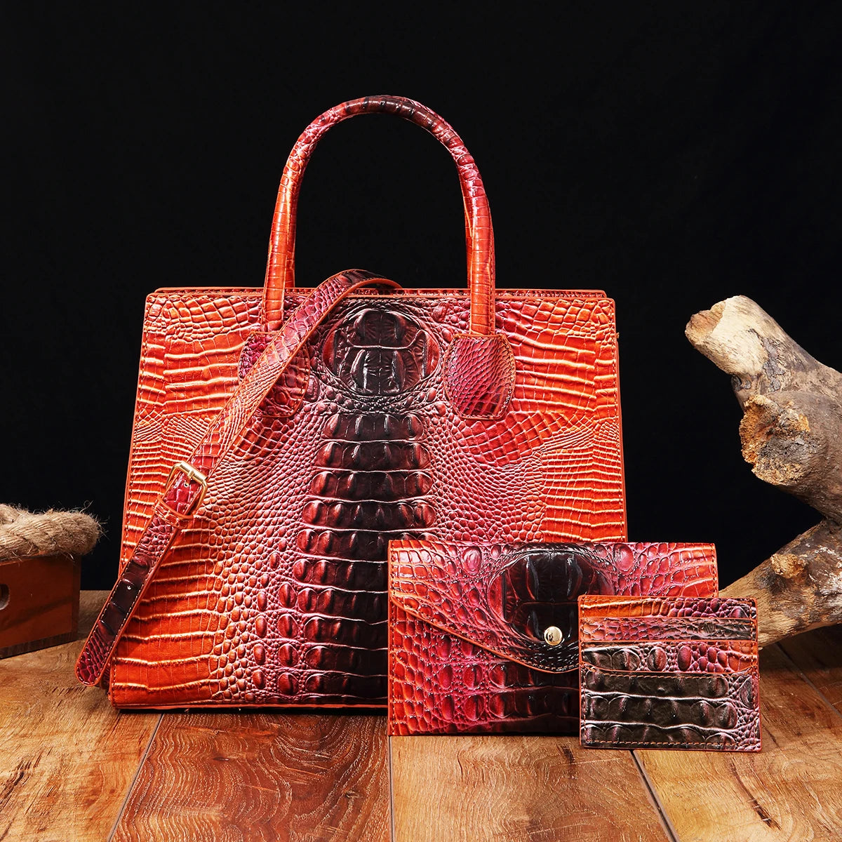 3 set Crocodile Pattern Handbag & Purses Set, Multi-functional Vintage Top Handle Crossbody Bag & Business Clutch Bag