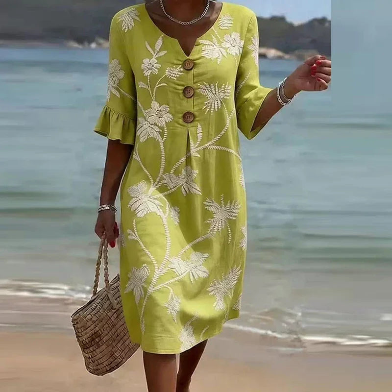 Elegant V Neck Half Sleeve Button Midi Holiday Dress