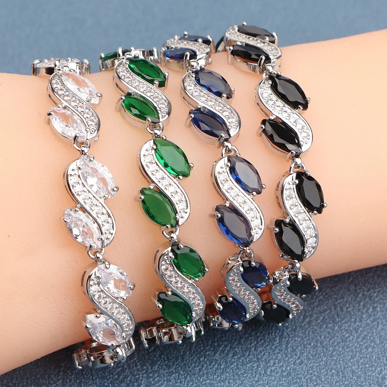 Silver Charm Green Cubic Zircon Bracelets For Women Wedding Jewelry 18+2CM Length