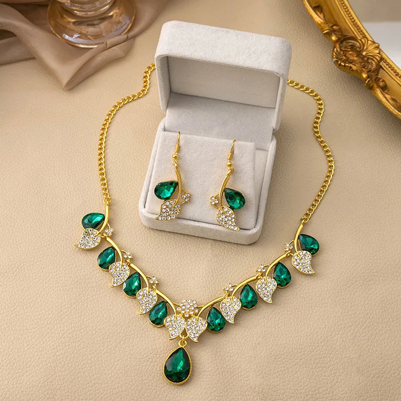 Blue Water Drop Full Diamond Leaf Necklace And Earrings
