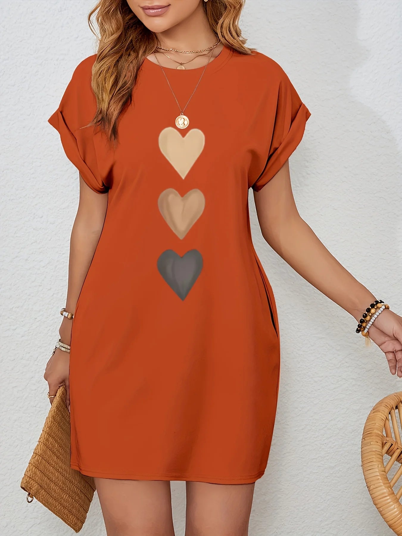 Knit TShirt Dress with Heart  Print Crew Neck Short Sleeve Fashionable