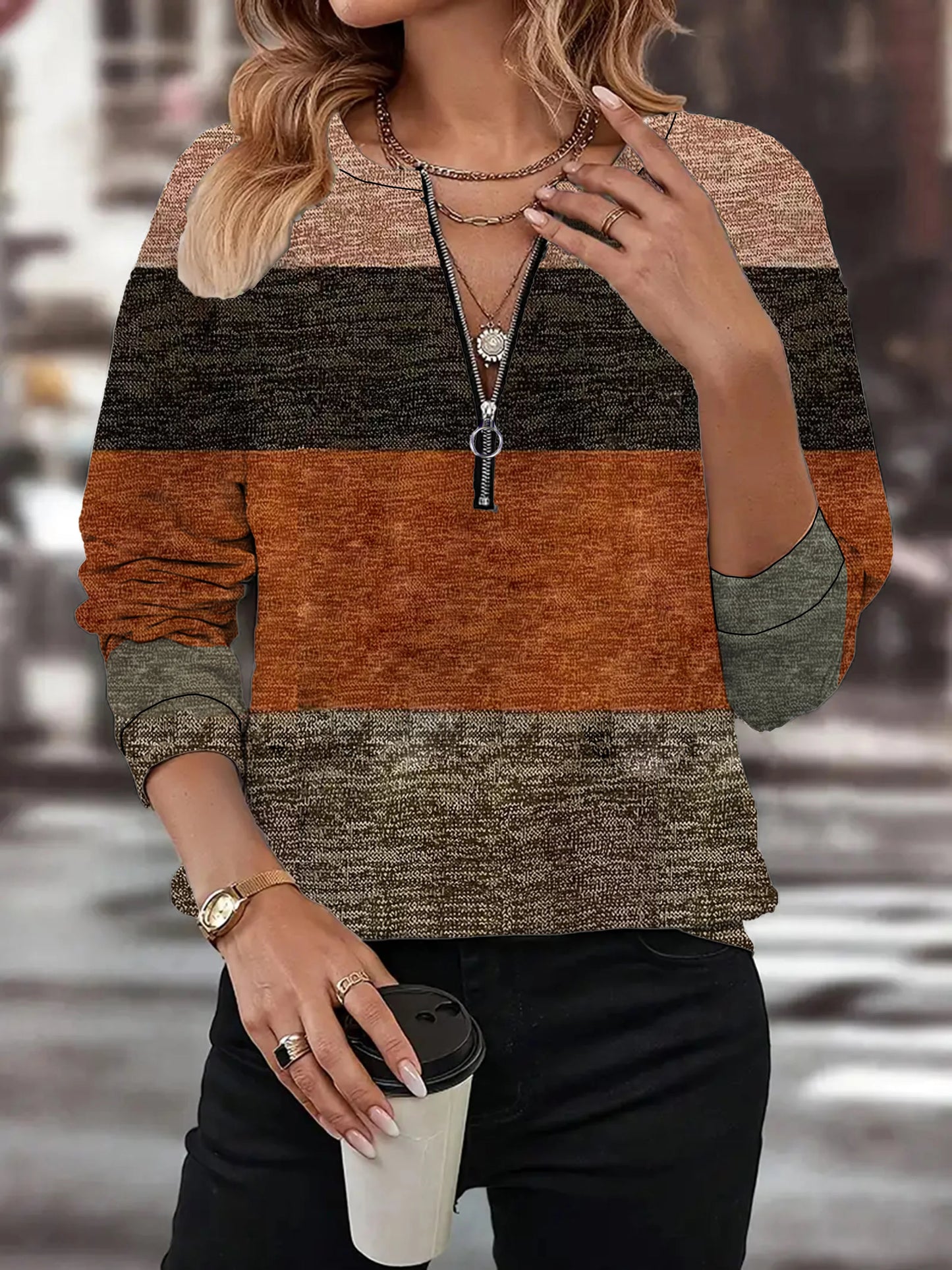 fashion geometric print round neck zipper women's long sleeve T-shirt