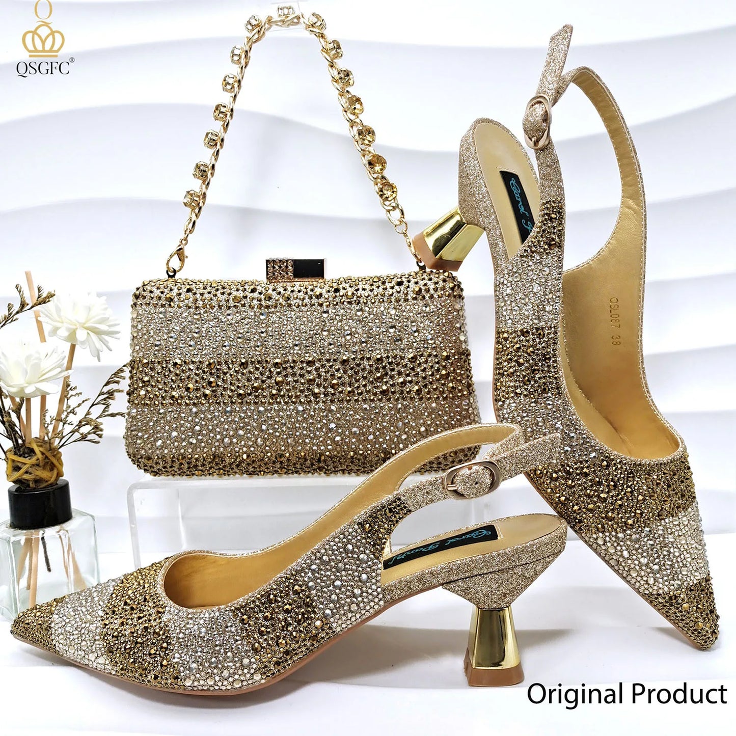 Italian Design Green Shoes And Bag Set Decorated with Rhinestone Handbag Wedding Party