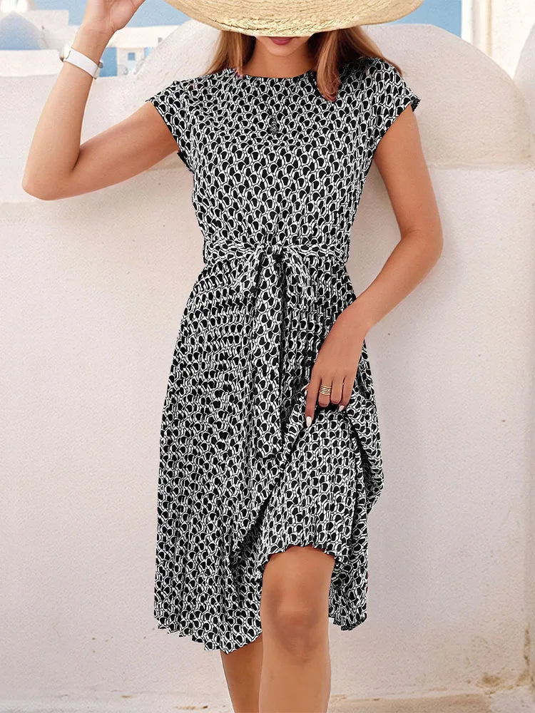 Women O Neck Pleated Medium Long Dress Fashion Print Lace-up Dress