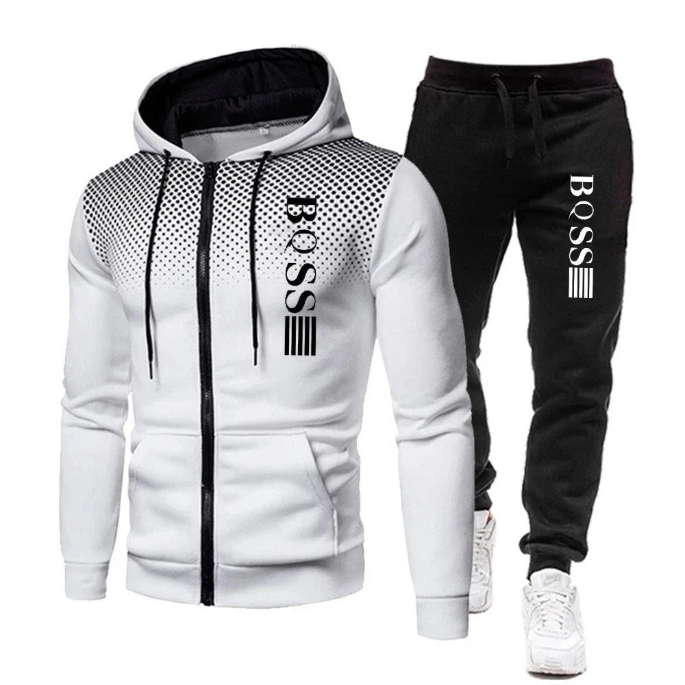 Fashion Print Tracksuit for Men Zipper Hooded Sweatshirt and Sweatpants Two Pieces Suits