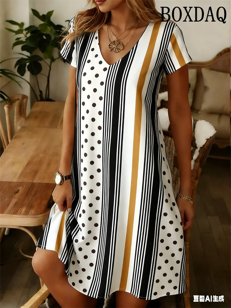 Elegant Fashion Polka Dot Striped Dress Summer Clothing Plus Size Casual V-Neck