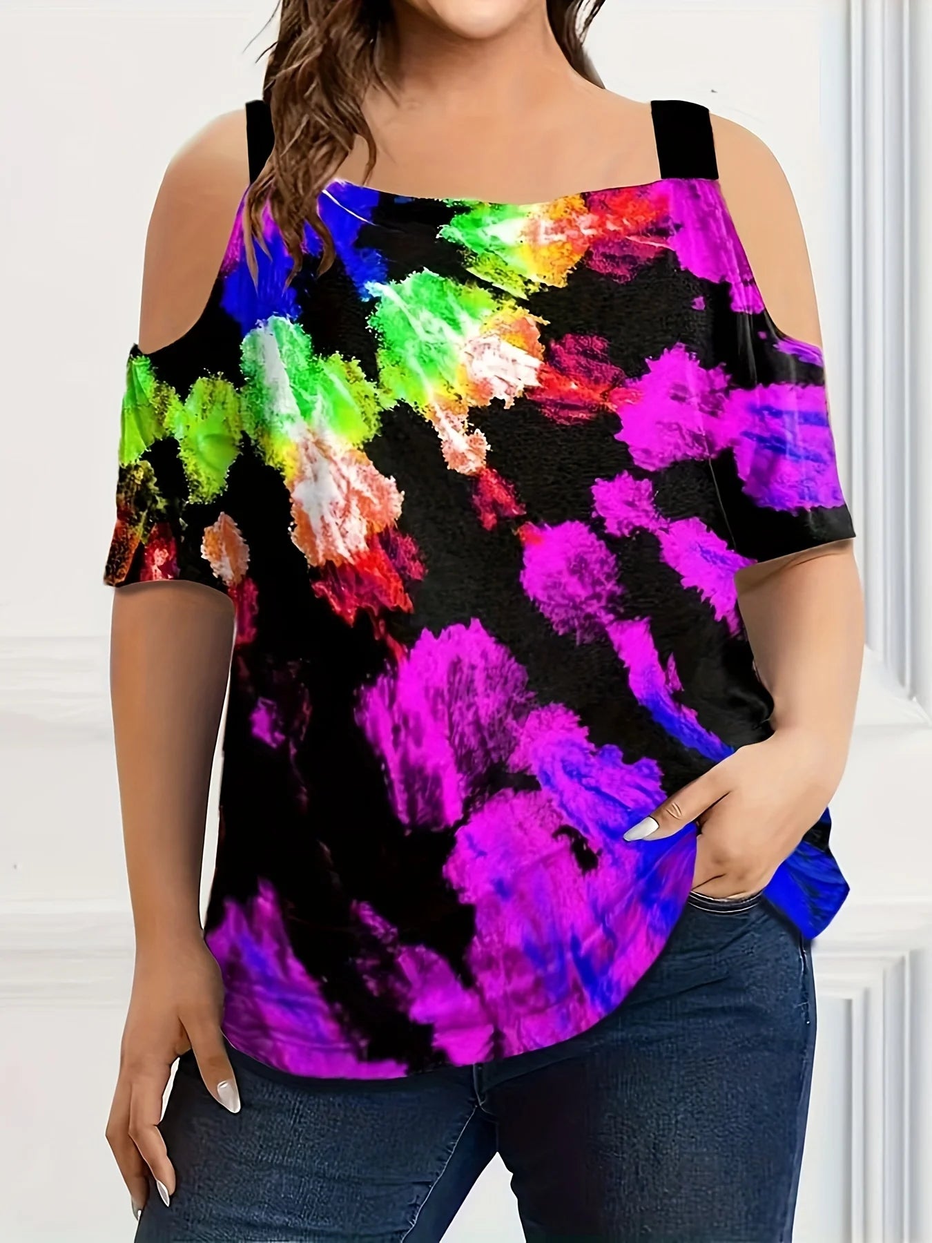 Summer new fashion strap off-the-shoulder multi-color print  short sleeve t-shirt
