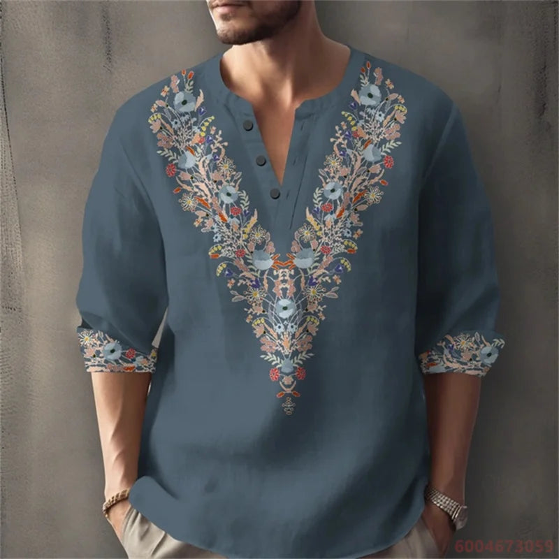 Long sleeved shirt for summer vacation, a color-blocked geometric print and Henley collar