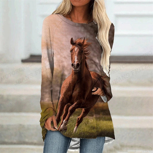 Horse T Shirt Long Sleeve Tops Tees Ladies