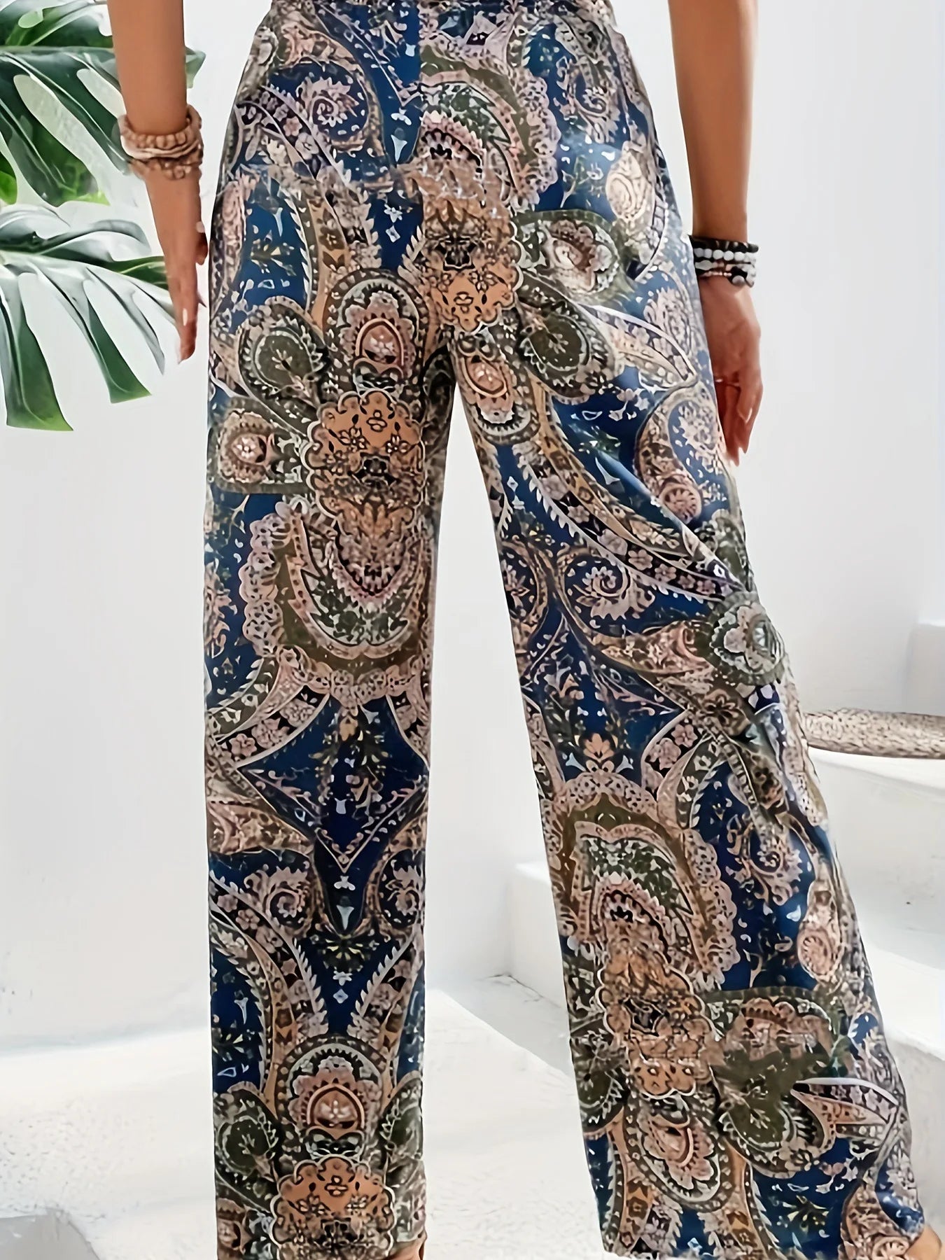 High Waist Elastic Waist Printed Wide Leg Long Pants
