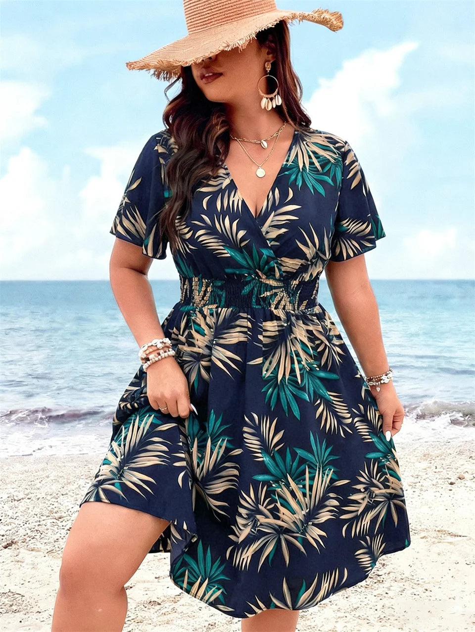 Tropical Print V-Neck Butterfly Sleeve Dress