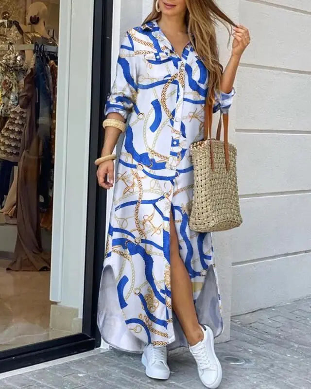 Long Sleeve  Pocket Button Print Shirts Dress