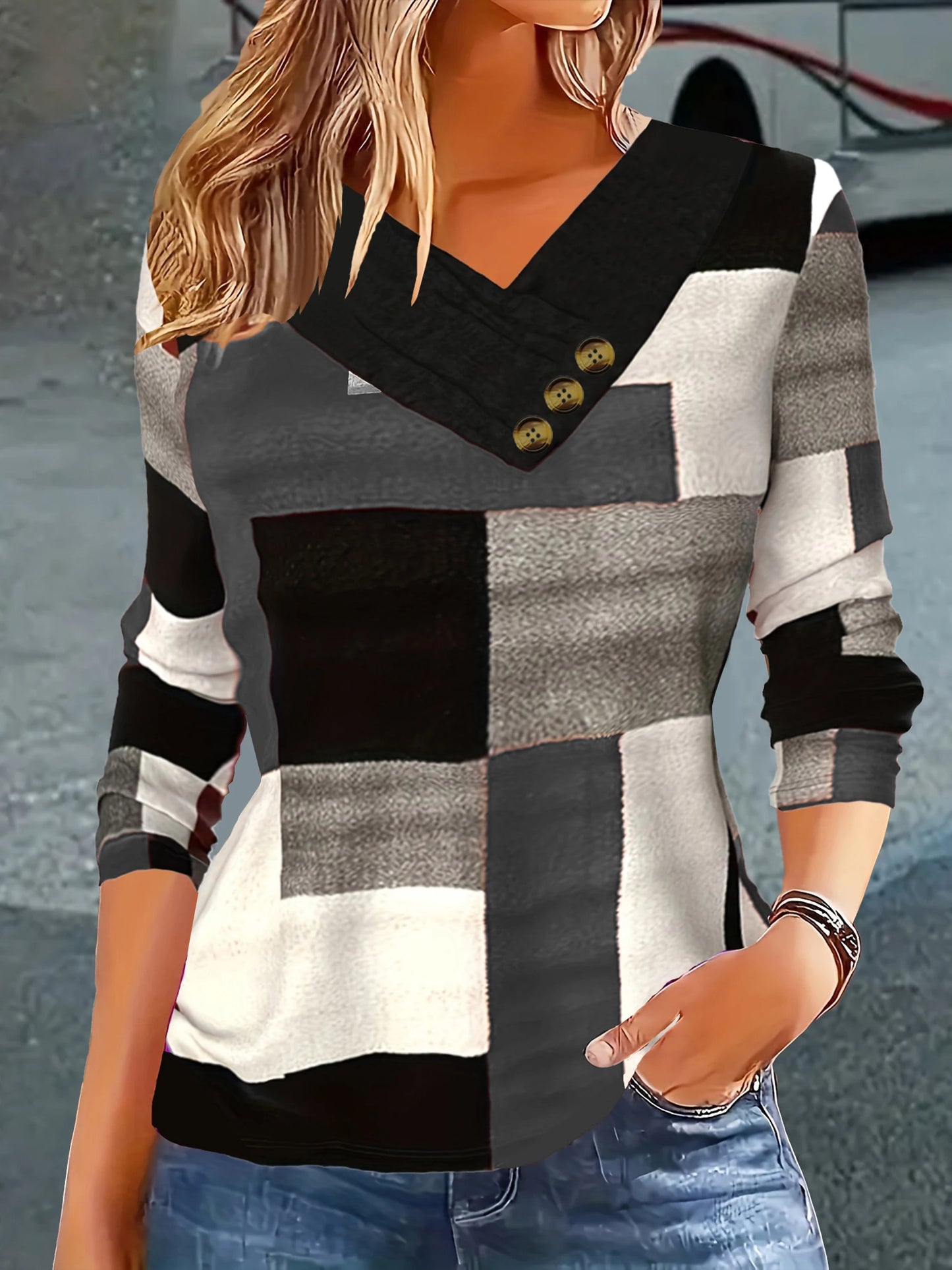 fashion plaid print V-neck button plus size women's long sleeve t-shirt