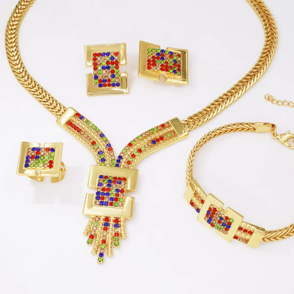 Gold Plated Jewelry Set Charm Necklace Bracelet Earring Ring