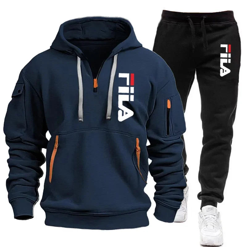 men hooded sweatshirt + Trouser, outdoor multi-pocket men's pullover sportswear set