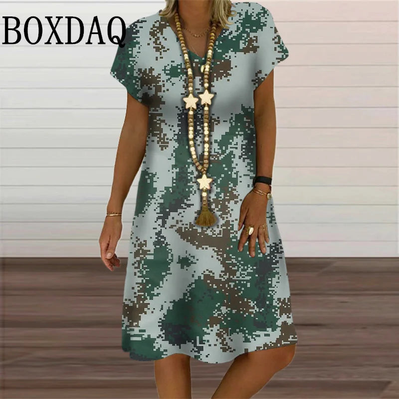 Camouflage Print Midi Dress V-Neck Summer Clothing