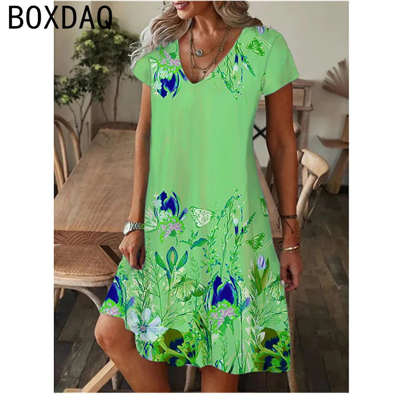 Summer Beach Casual A-Line Short Sleeve V-Neck Dress
