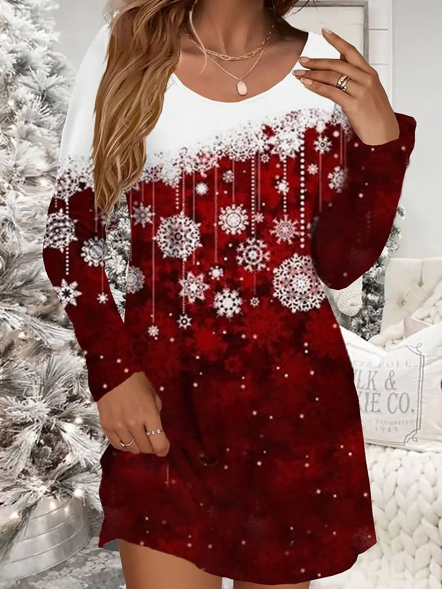 Christmas Snowflake Print Mini Dress Long Sleeve O-neck