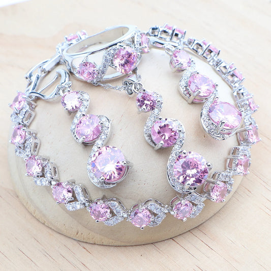 Round Pink Zircon Bridal Silver, Bracelets Earrings Rings Pendant Wedding Necklace 4Set