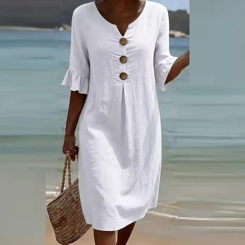 Elegant V Neck Half Sleeve Button Midi Holiday Dress