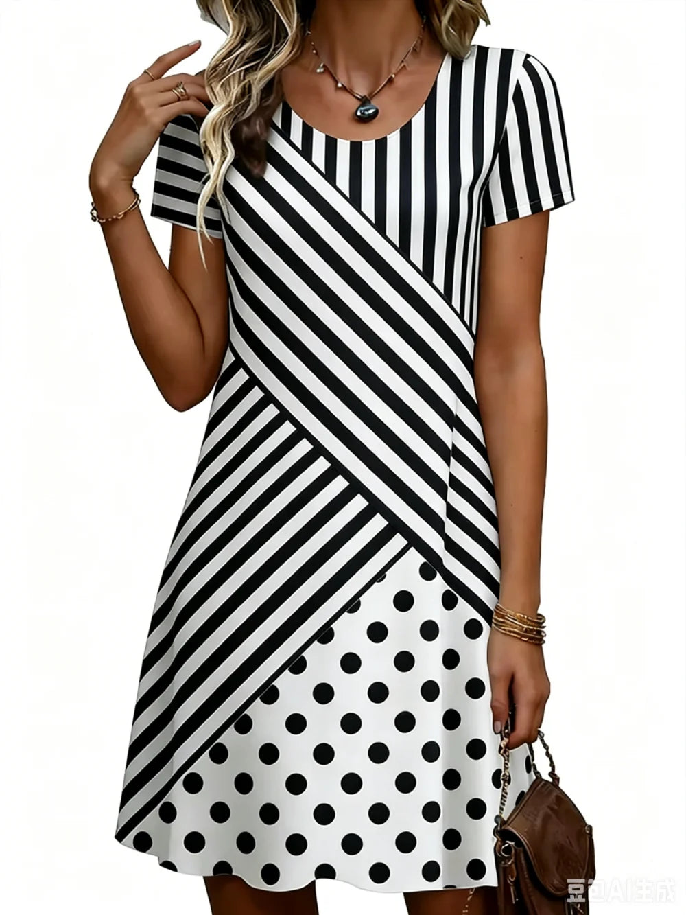 Striped Polka Dot Simple Printed Short Sleeve Dress
