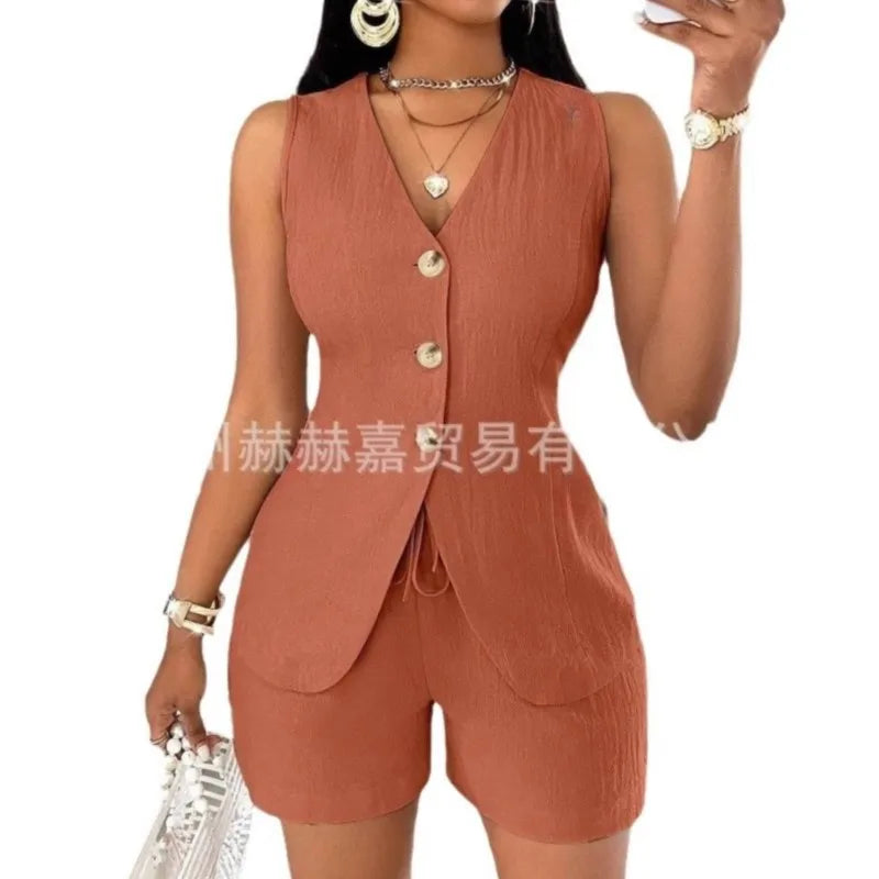 Cotton Linen Shorts Sets Solid Color V-Neck Slim Tops Office Lady Shorts Suits