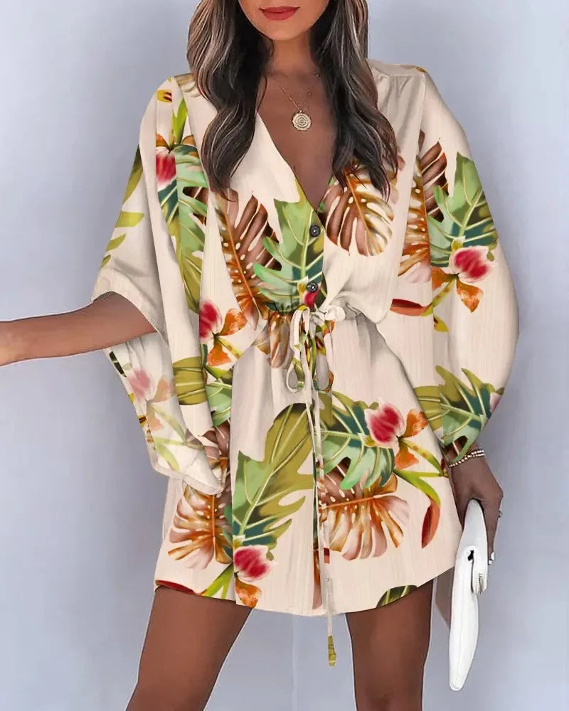Summe New Floral Print Bat Half-Sleeve V-Neck