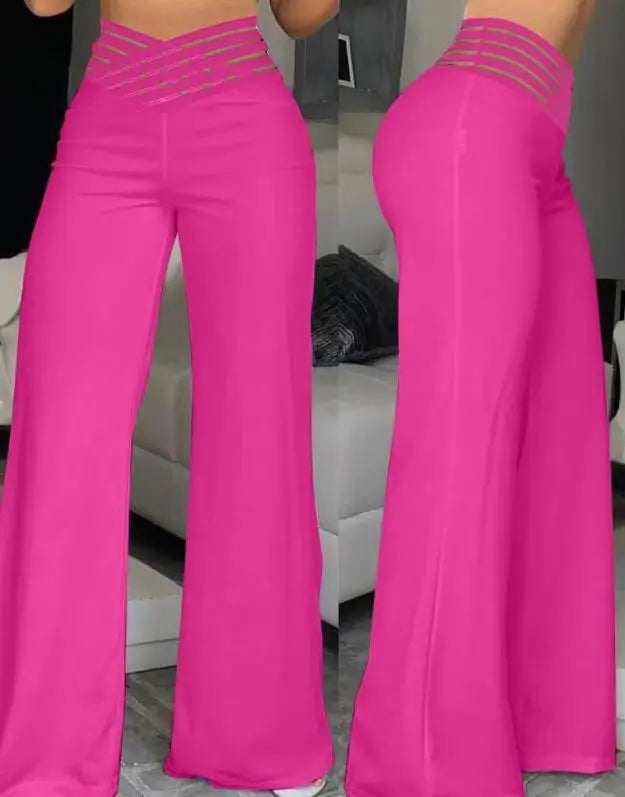 Fashionable Trendy Women's Hollowed Out Waist Belt High Waisted  Wide Leg Pants