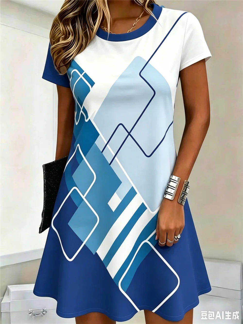 Fashion Striped Plaid Geometric Pattern Women Mini Dress