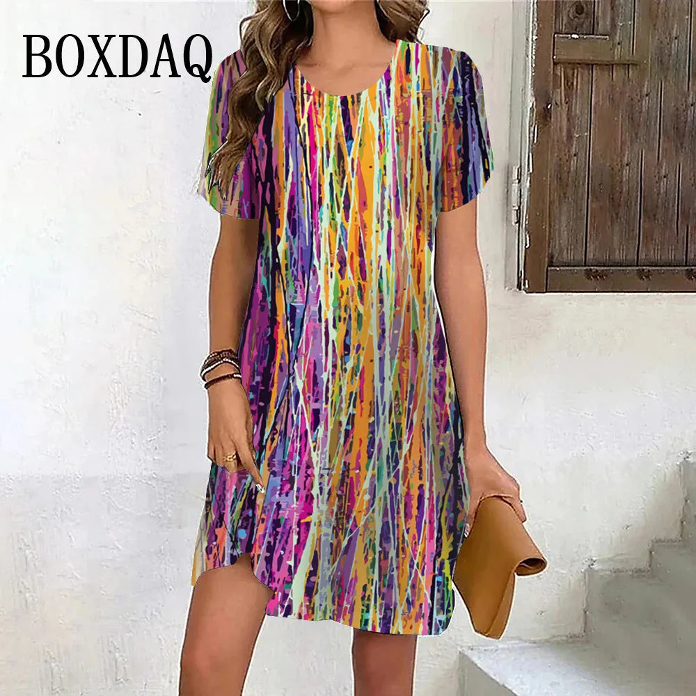 Gradient Rainbow Stripe Short Sleeve Dress O-Neck Print Loose Party Clothes