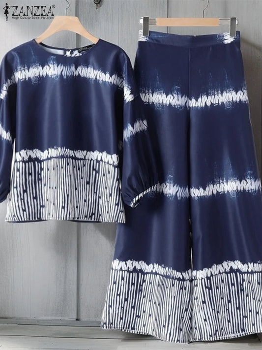 2pcs Outfit Wide Leg Pant Long Sleeve Blouse Trouser Suits